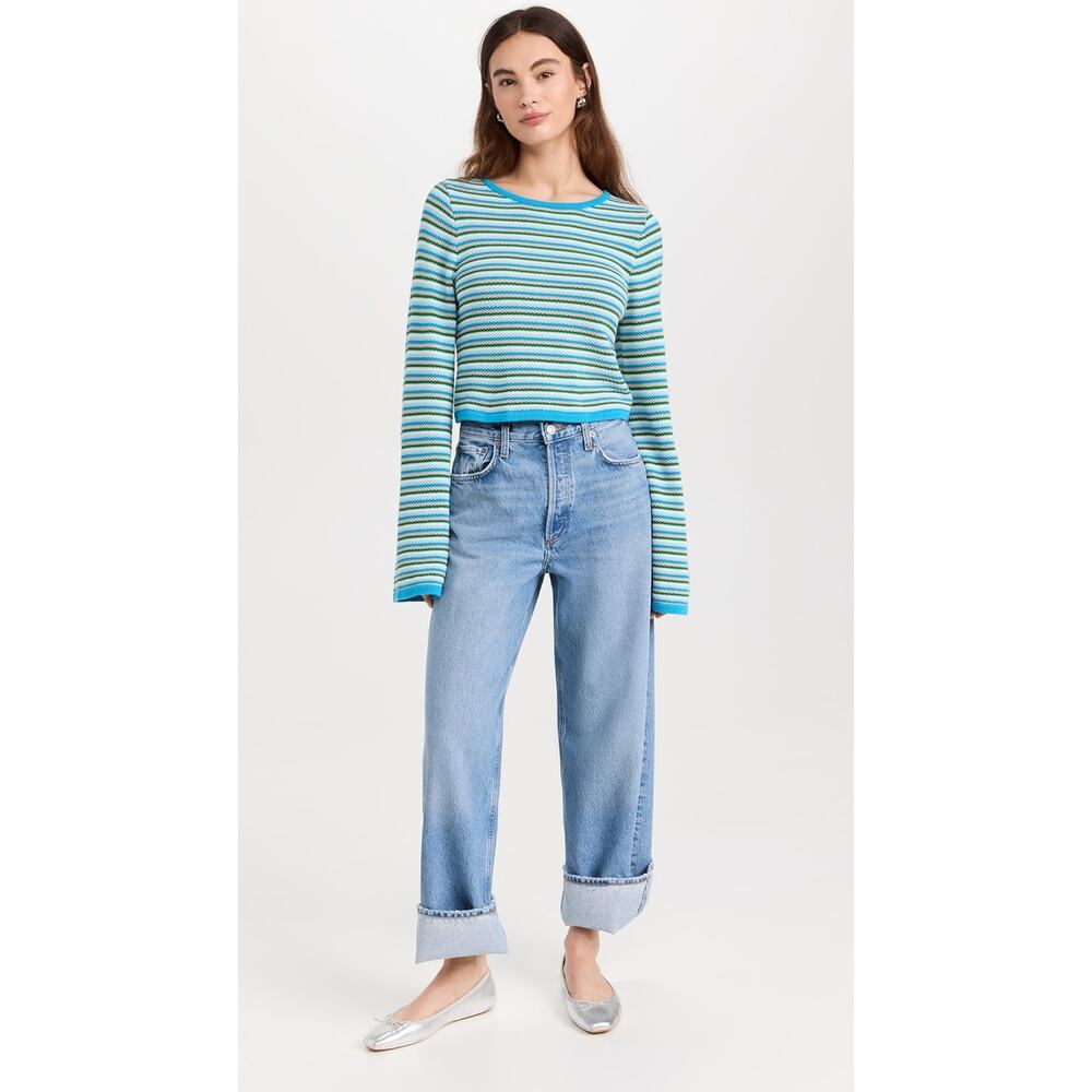 Figue Marley Cropped Sweater Blue/Green Stripes Large Preppy Coastal Old Money